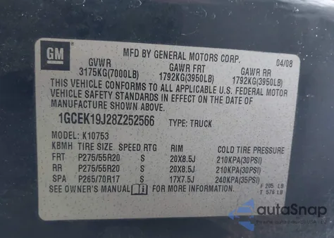 2008 Chevrolet Silverado 1500 Lt1 z USA, uszkodzony, nr VIN 1GCEK19J28Z252566